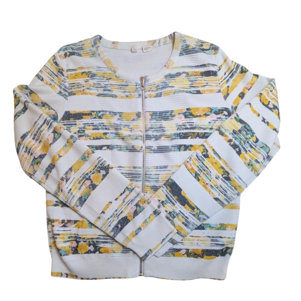 Moth Fairy Cottage-Core Floral Striped Full Zip Cardigan Sweater White Yellow S